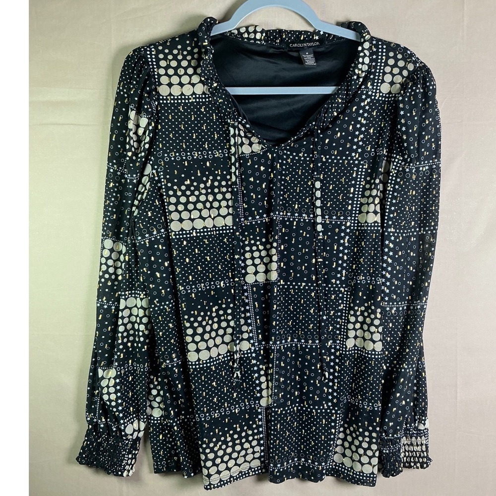 Carolyn Taylor Black Geometric‎ Print Blouse Star Metallic Accents Medium